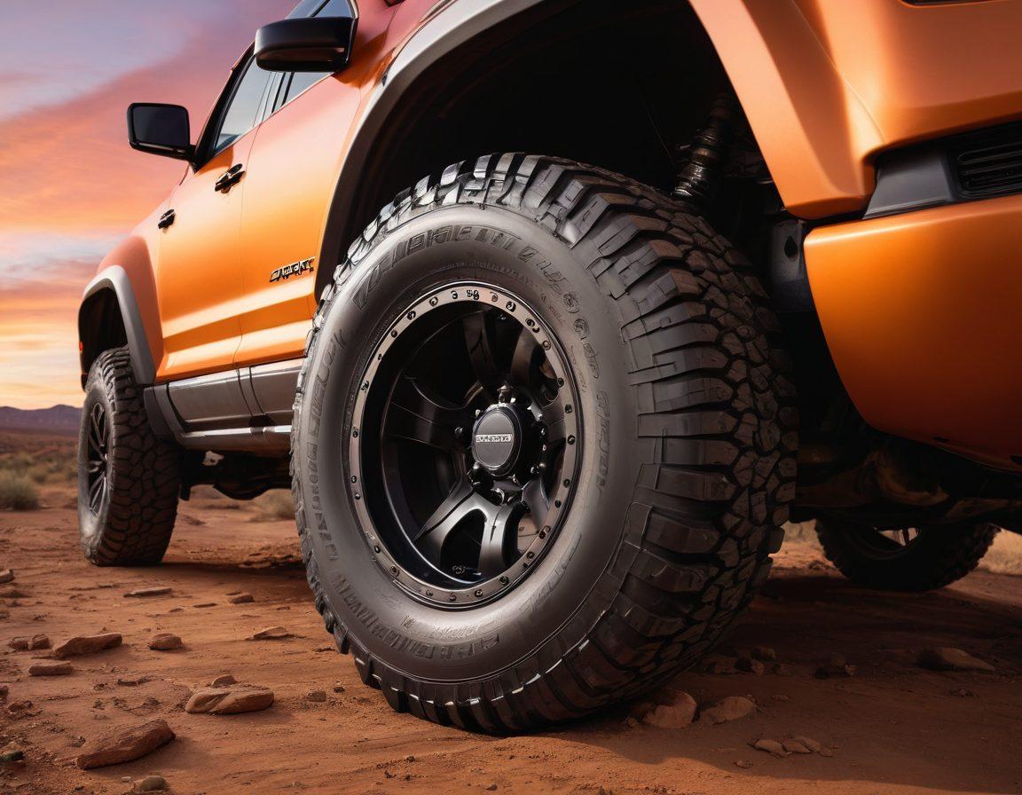A close-up view of a rugged tire embedded in a vibrant off-road landscape, showcasing detailed tread patterns and signs of wear that tell a story of durability and performance. In the background, subtle hints of innovative tire technologies like sensors and digital displays can be seen. The sky is a dramatic sunset, casting warm hues over the scene. The composition emphasizes the tire's strength and resilience, inviting viewers to explore the journey from installation to innovation. super-realistic. vibrant colors. dramatic lighting.