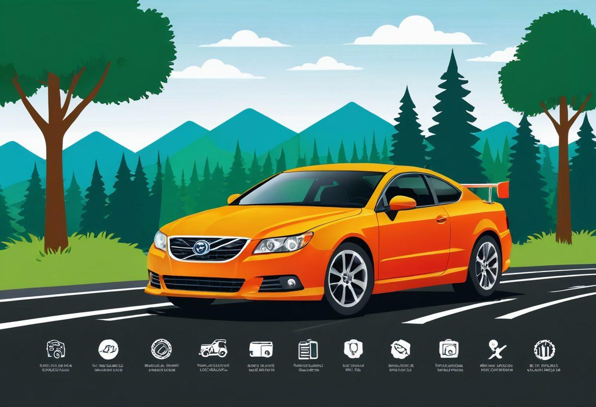 An infographic-style illustration showcasing various tire care essentials, including a tire gauge, cleaning tools, and a checklist for maintenance. Include a scenic background of a winding road with lush green trees and clear blue skies to symbolize safety and longevity. Use vibrant colors to draw attention to the tools and checklist, highlighting key tips for tire care. vector art. vibrant colors. white background.