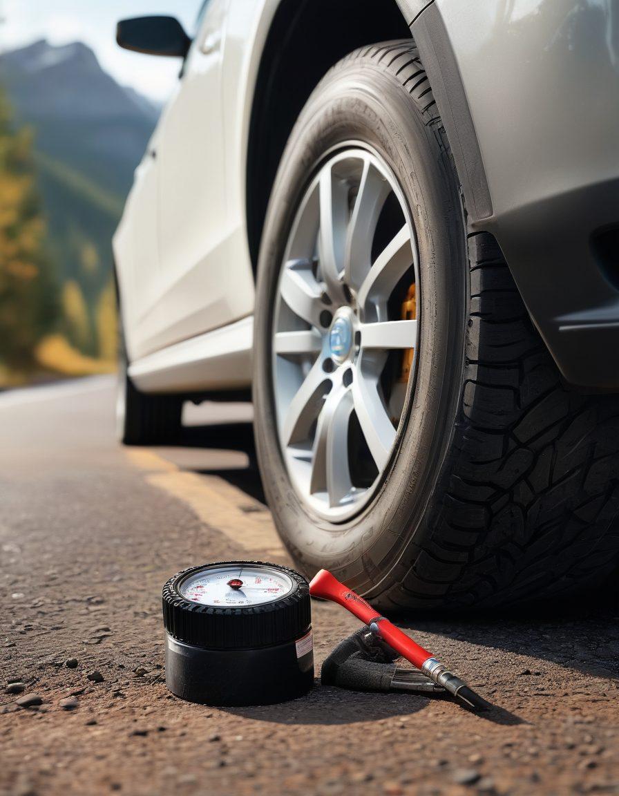 A close-up view of a tire being expertly maintained, showcasing tools like tire pressure gauge and cleaning brushes alongside a road symbolizing adventure. The background hints at varied terrains - from smooth asphalt to rugged trails - indicating performance and durability. Warm, inviting lighting enhances the scene to evoke a sense of care and expertise. super-realistic. vibrant colors. white background.